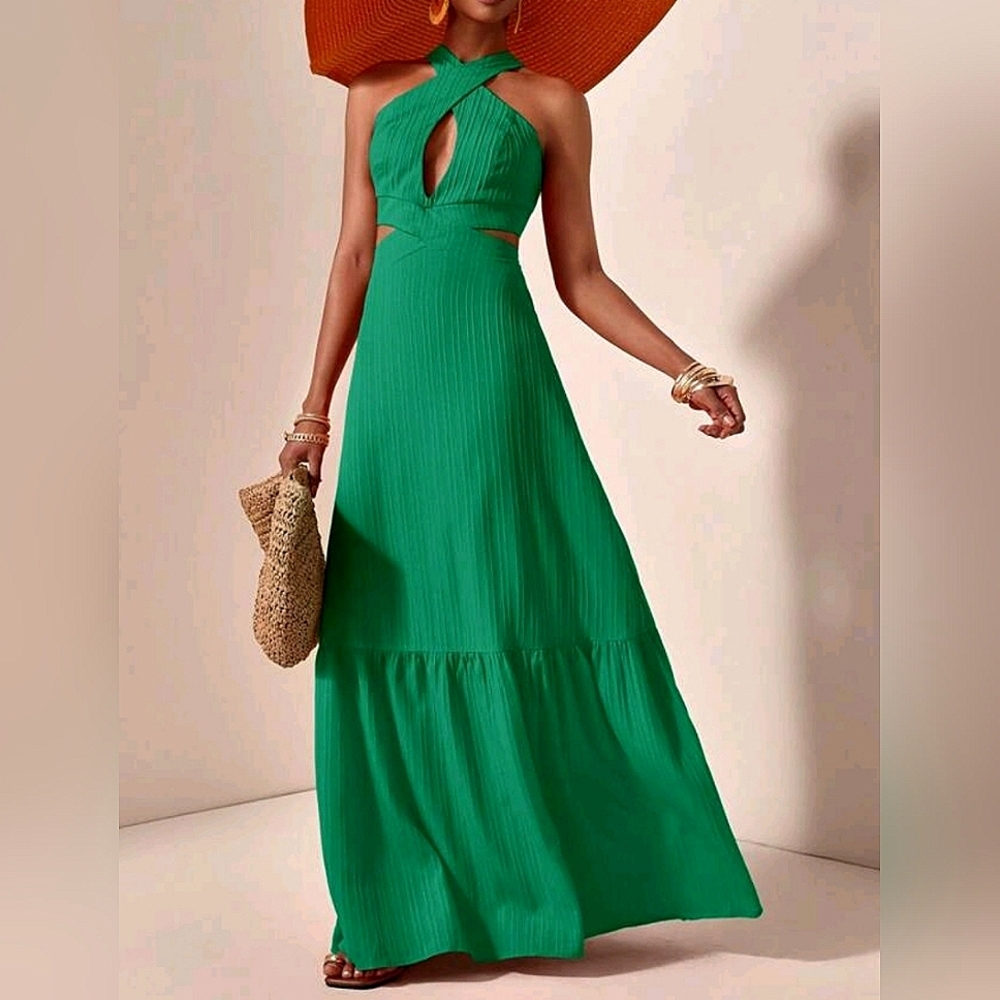New Lux Tie Cut Out Halter Maxi Dress Green